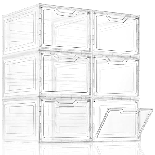 Freebat 6 Pack Closet Organizers and Storage,Clear Stackable Plastic Storage Bins with Lids Magnetic Doors,Clothes Organizers and Storage,Plastic Craft Containers for Wardrobe Kitchen Bathroom Office
