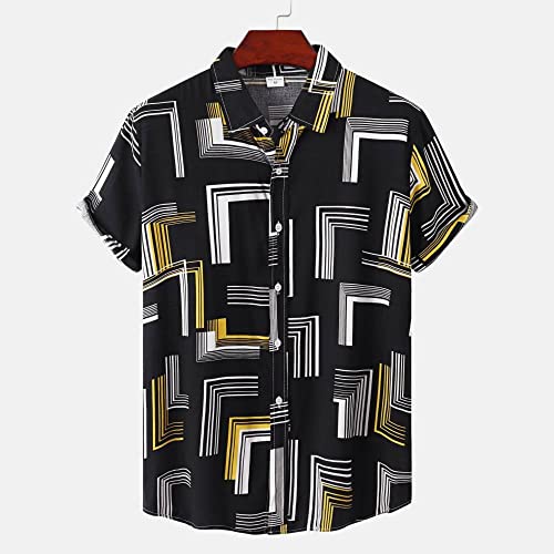 Chemise hawaïenne pour hommes en coton noir et lignes géométriques