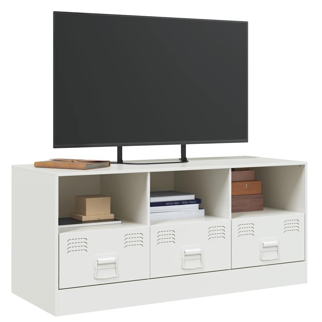 Mobile TV bianco in acciaio laminato a freddo, 99 x 39 x 44 cm, con 3 cassetti e scomparti, credenza bassa per soggiorno, spazio per tavolo TV, HiFi, soundbar, salvaspazio, moderno