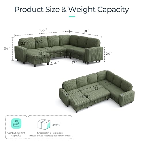 Image of LINSY HOME Sectional Sleeper Sofa Pull Out Couches for Living Room (Green, Sleeper Sofa 4) | Pull Out Sofa Bed, Storage, USB Charging, Cup Holders, Plush Corduroy | Pull Out Sofa Bed