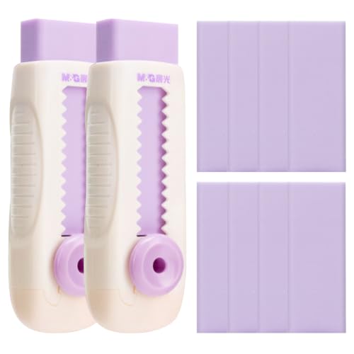 Image of M&G 8+2 Pack Rubber Erasers Sliding Retractable Eraser, Soft Cute Erasers Push Pull Large Pencil Eraser with Plastic Sleeve 8 Refill Eraser for Students Kids, School Office Home Supplies (Purple)