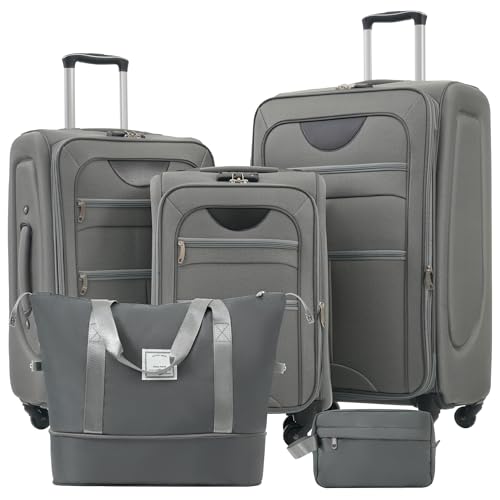 Softside Luggage Grey Expandable 3 Piece Set Suitcase with Duffel Bag Upright Spinner Softshell Lightweight Luggage Travel Set