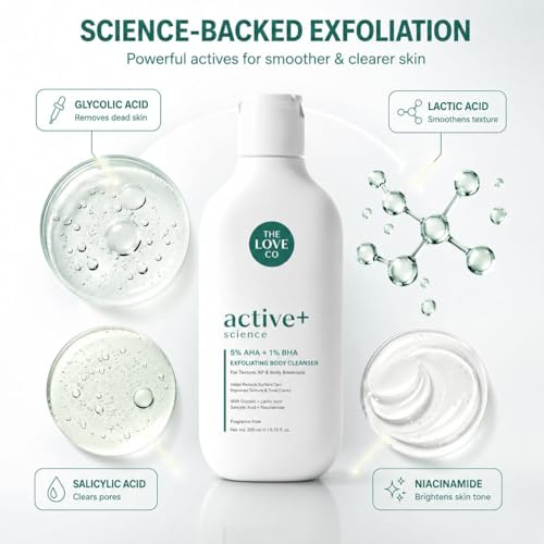 Image of THE LOVE CO. 5% AHA + 1% BHA Body Wash for Strawberry Skin, Rough Bumpy Skin, Tan Removal & Clogged Pores, Exfoliating Body Cleanser for Smooth Glowing Skin, 200ml
