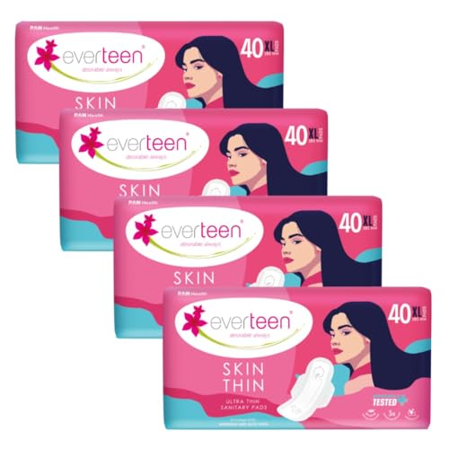 Image of everteen SKIN THIN XL 160 Sanitary Pads for Women, Ultra Thin Sanitary Napkins XL 285mm, Wider Back Coverage for No Stains, Rash-Free Protection - Pack of 4