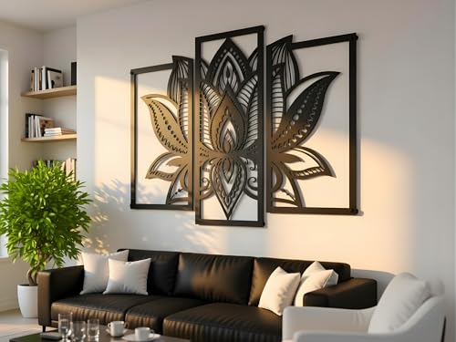 Mural de madera flor de loto 3D VAILLA negro y dorado decoración de pared para hogar moderno