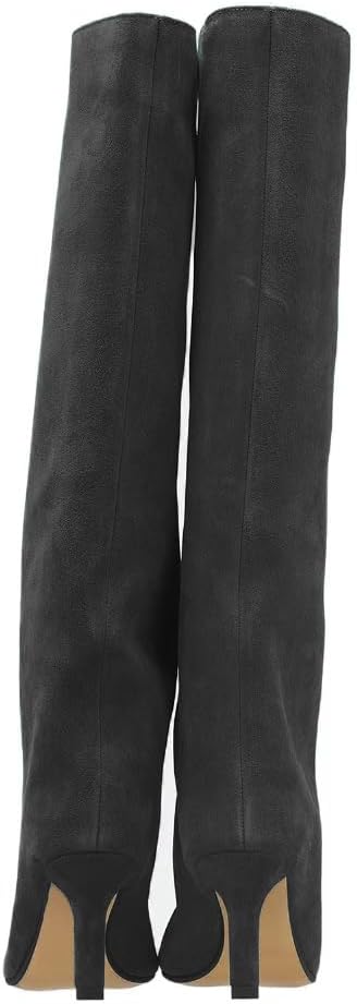 Women's Knee High Boots Nude Suede Wide Calf Stiletto Long Booties Square Toe Pull On High Heel Riding Boots for Women Ladies Fahion Dress Tall Boots - Image 4