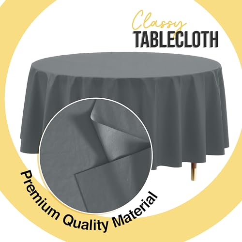Image of Exquisite 66% Thicker Premium Silver Round Tablecloth 0.5 Mil 24 Pack Plastic Table Cloth Disposable 84 Inch Round Plastic Tablecloth Won't Tear Easily Like Cheap Thin Brands