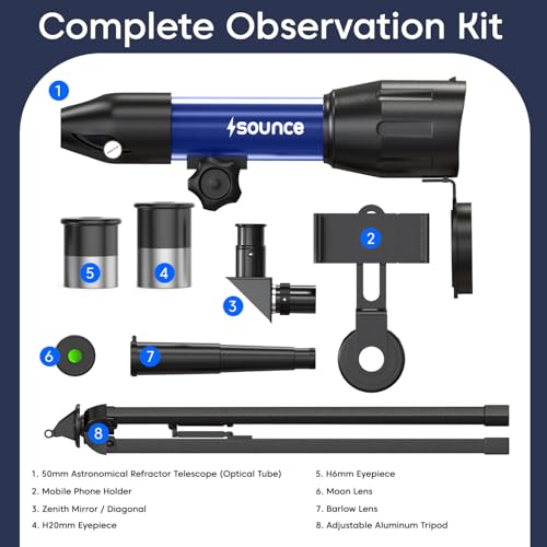 Image of Sounce 50mm Astronomical Land and Sky Refractor Telescope with 28.8x -86.4x Zoom Fully Coated Optics Compatible with Beginner Astronomy Viewing for Kids and Adults Portable Tripod Phone Holder (Black)