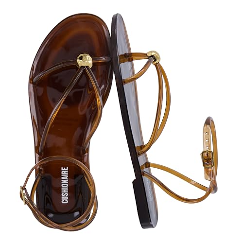CUSHIONAIRE Vita Jelly Sandals for Women Casual Lightweight Womens Strappy Sandals with Adjustable Buckle Strap and Gold Hardware Accent