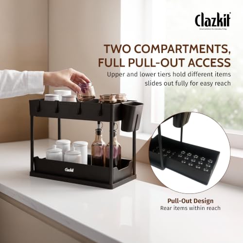 Image of Clazkit 2-Tier Under Sink Organizer for Kitchen & Bathroom | Pull-Out Cabinet Storage Rack with Hooks & Hanging Cup | Multi-Purpose Organizer for Cleaning Supplies, Toiletries & Accessories | Black