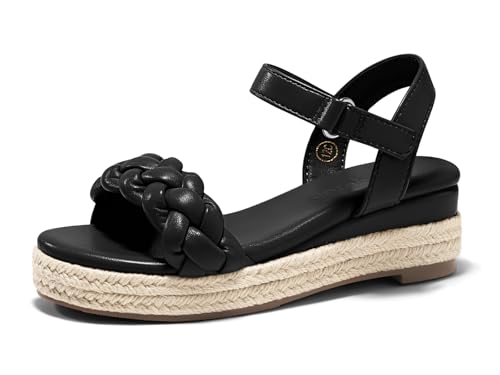 Coutgo Girls Platform Sandals Espadrille Braid Open Toe Ankle Strap Wedge Sandals Summer Dress Shoes for Big Kids Black Size 3