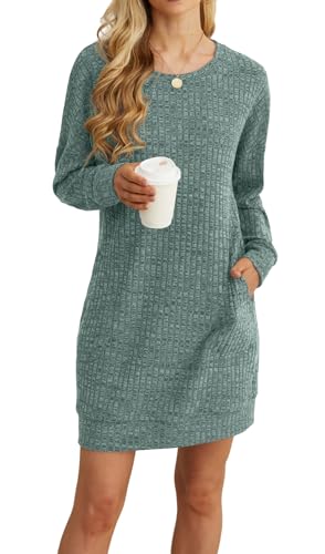 PrinStory Longpullover Für Damen Langärm Pullover Kleid Freizeitkleider Rundhals Sweatkleid Mit Taschen Basic Gestrickte Minikleid (Blau Grün, XL)