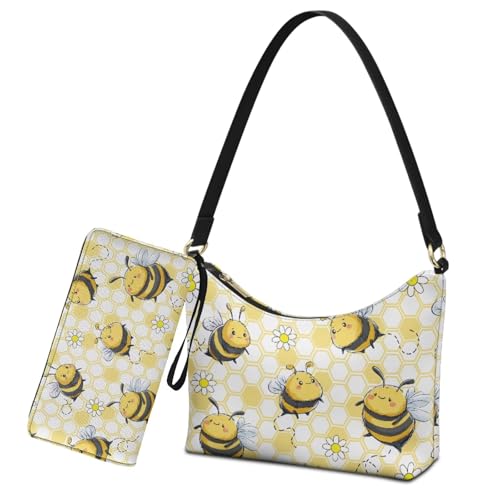 2Pcs Shoulder Bag Set with Wallet for Women Leather Underarm Purse with Wristlet Wallet Hobo Tote for Work