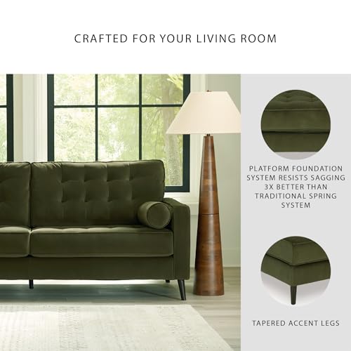 Image of Signature Design by Ashley Olive Green Velvet Sofa, No Assembly | 87-in couch, Sag-resistant platform foundation system, Easy-clean polyester velvet, Water or solvent cleanable, Reveon Lakes