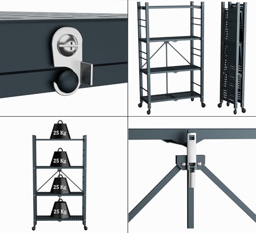 Image of Sahni Foldable 4-Tier Storage Shelf | Foldable Metal Bookcase| Multi Purpose Display Unit with Wheels (Graphite Grey)