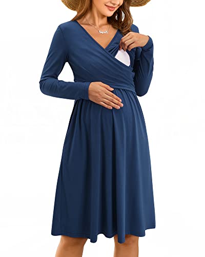 OUGES Midi Damen Stillkleid Lange Ärmel Umstandskleid V-Neck Schwangerschaftskleid für Fotoshooting-L