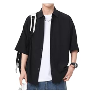 [SHOREKEEPER] シャツ メンズ 半袖 ゆったり 夏服 吸汗速乾 通気性 大きいサイズ 柔らかい 快適な軽い かっこいい 無地 カジュアル おしゃれ シンプル (JP, アルファベット, M, ブラック)" 