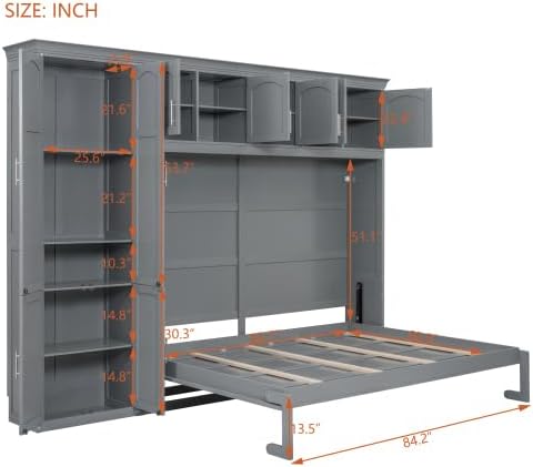 Queen Size Murphy Bed with Storage Cabinets, Foldable Space-Saving Cabinet Bed Wall Bed, Murphy Bed Cabinet for Bedroom, Guest Room, Home Office, Grey