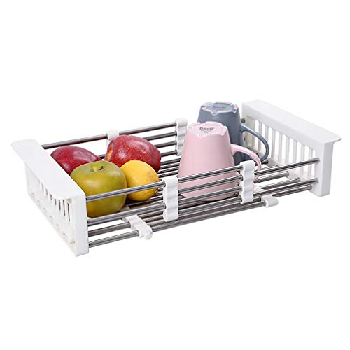 Hershii Expandable Dish Drying Rack Adjustable Over the Sink Drainer Basket Stainless Steel Kitchen Counter Top Storage Organizer for Fruit Vegetable Bowls Cups Plates