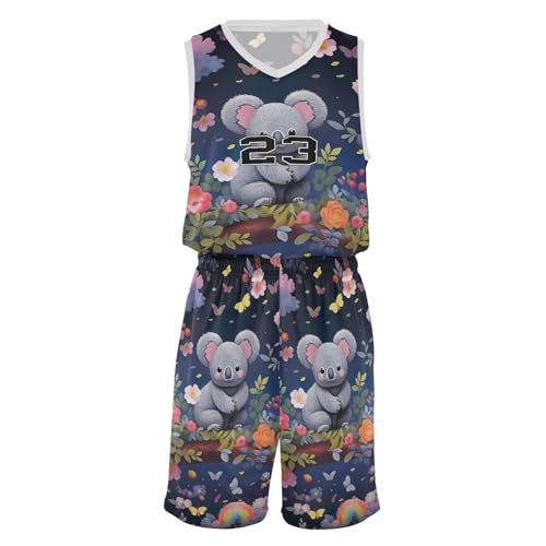 FLildon Cute Koala Rainbow Trees Boys Basketball Jersey Set Tank Top Shorts Tracksuit Sport Training Suit for Kids, L
