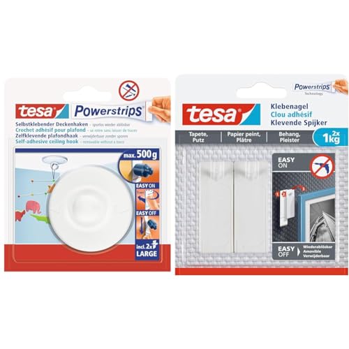 tesa Powerstrips Deckenhaken Selbstklebender & Klebenagel für Tapeten und Putz 1kg Selbstklebende Nägel für empfindliche Oberflächen rückstandslos Bis zu 1 kg Halteleistung pro Nagel 2 Klebenägel