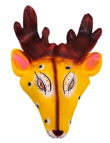 Image of BookMyCostume Swarn Mrig (Deer) Rubber Mask - Yellow & Brown Hand-Painted Folk Mask with Antlers | Ramayana Character for Festivals, Plays & Decor