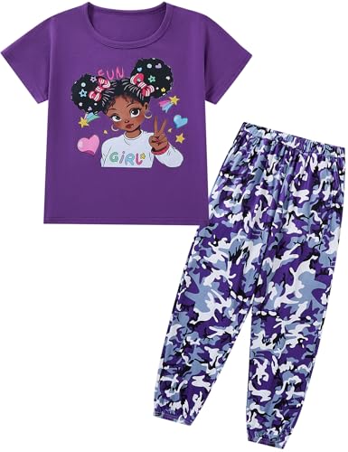 Image of mksodop Girls Outfit Set Graphic T Shirt and Camo Jogger Pants Cute Casual Clothes for Girls 5-16 Years