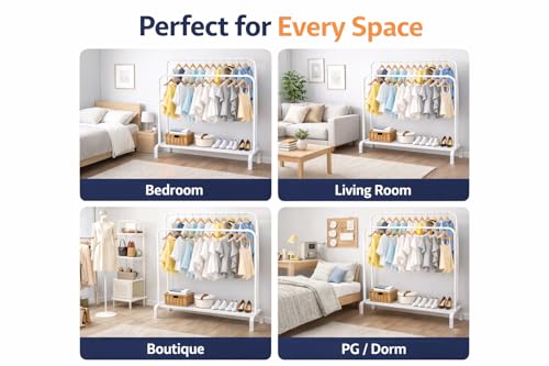 Image of Raawan Heavy Duty Double Rod Clothes Rack with Side Storage Shelves | Metal Garment Stand Organizer | Space Saving Cloth Hanger Stand for Bedroom, Living Room & PG (2 LAYER WHITE)
