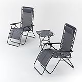 Divano Roma Furniture Set of 2 Outdoor Adjustable Zero Gravity Lounge Chair Table, Folding Patio Recliner with Headrest, Side Tray, Black