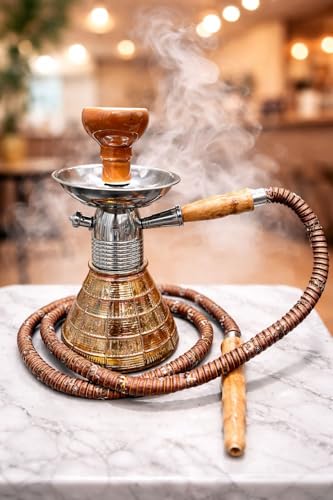 Image of AL-Sheesh Petite Glass Hookah | Designer Alumunium 9 inch Inch Glass, Iron Hookah Set For Heavy Smoke | Perfect for Party (Gold & Brown)
