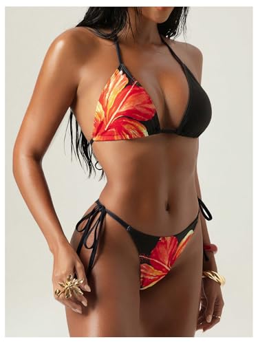 MakeMeChic Women's 3 Piece Floral Print Halter Triangle Tie Back Bikini Set with Ruched Cover Up Tops2