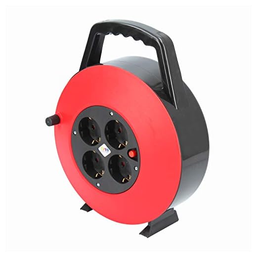 TM Electron TMUAD215 - Cable de alimentación en Bobina Enrollable de 15 Metros con 4 Tomas, Color Rojo