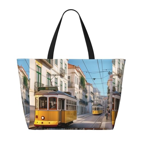 (Tram Street Scenery) Large Beach Tote Bag For Women With Zipper Foldable Lightweight Travel Pool Bag For Vacation Shopping2