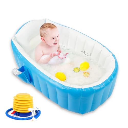Inflatable Baby Bath Tub – Portable & Foldable Toddler Bath Tub with Air Pump, Non-Slip Travel Baby Bath Mini Air Swimming Pool, Safe & Comfortable Baby Bath for Newborns, Blue