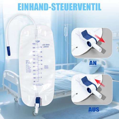 10 Stück 1000ml Urinbeutel Beinbeutel mit 45cm Schlauch, Urinbeutel mit Anti Reflux Ventil und Ablass (1000, 10)