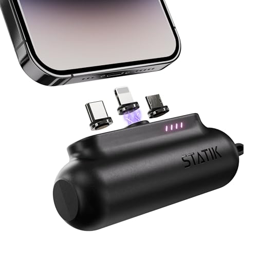 STATIK Snap-N-Charge (Gen 3) Mini Portable Charger Power Bank3 200mAh Compact 10W Portable Battery Pack with Magnetic Snap-In Tips to Leave in Devices Universal Powerbank for iPhone Android & More.