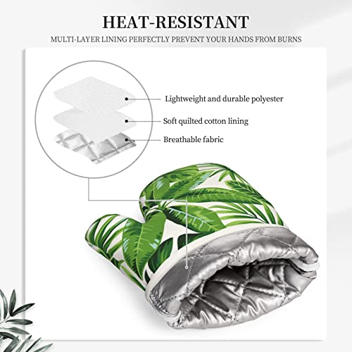 Oven Mitts And Potholders Green Tropical Palm Leaf Silicone Glove Heat Resistant, Kitchen Gloves For Cooking, 2-Piece Set #TOP3