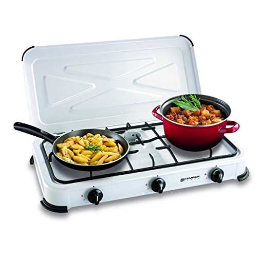 KEMPER - Réchaud gaz portable 3 feux 3450W Blanc laqué Couvercle Plaque de cuisson