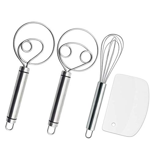 Listenman 8 Inch Stainless Steel Danish Dough Whisk Bread Mixer & Egg Whisk Kits, 2Pack Dutch Whisk & 1Pack Handheld Wire Whisk Blender with a Dough Scraper for Bread, Pastry or Pizza Dough Whisk