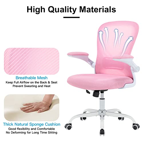 Hramk Office/ Computer Chair Mid Back Swivel Desk Chair With Flip-Up Arms, Breathable Mesh, Lumbar Support Task Chair With Wheels, Height Adjustable (Pink) #TOP4