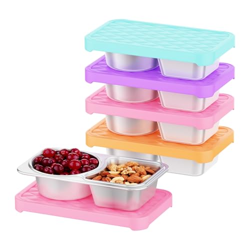 Image of Stainless Steel Snack Containers, 2 Compartment Leak-Proof Snack Containers with Sillicone Lids, Reusable small Food Storage Containers for School,Travel, Outdoor, Camping,office (4)