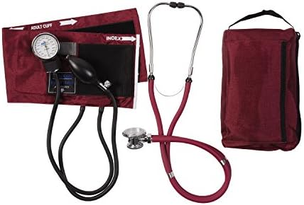 MABIS MatchMates Aneroid Sphygmomanometer and 31" Sprague Rappaport Stethoscope Combination Manual Blood Pressure Kit with Calibrated Nylon Cuff and Oversized Carrying Case, Adult Burgundy