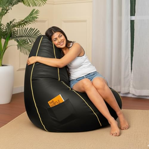 Image of Sattva Classic 3XL Bean Bag Chair with Beans Filled | Faux Leather Sofa Style Bin Bag with Filled Beans | Comfort Beam Bag Sofa for Adults & Teens, Living Room & Office - Dark Green with Yellow Piping