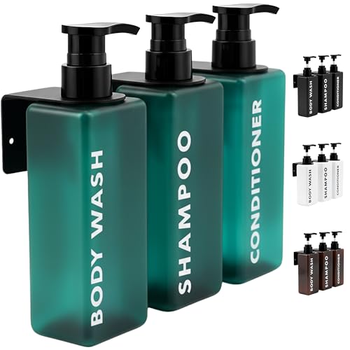 Imagen de FCINNOVA Dispensador Gel y Champu Ducha Aquamarina 500ml Set 3 Botes para Gel y Champu + Acondicionador + Embudo Rellenado + 3 colgadores Pared Dispensador Jabon Baño Pared Elegante y Sostenible