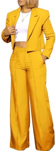 TOPGH Women's 2pcs Business Suiting Peak Collar One Button Short Blazer Ladies Office Wedding Party Wide Pant Suits Gold Medium