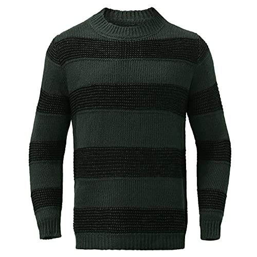 Dzquy Men Striped Knit Sweaters Casual Fashion Slim Fit Autumn Winter Crew Neck Pullover Sweatshirt Tops Outwear Jumper Green #TOP2