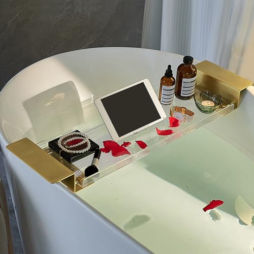 Luksusowa Akrylowa Tacka Do Wanny Ze Złotymi Uchwytami – Regulowana, Przezroczysta Wanna 28,3–31,9 Cala Do Spa I Relaksu – Eleganckie Akcesoria Łazienkowe – Przezroczysta – 28,3–31,9 Cala, Przezroczy