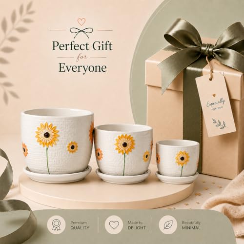 Image of Xtore Beautiful Sunflower Ceramic Planter Pots Set of 3 for Home & Balcony Decor | Glossy Textured Flower Pots with Drain Plates for Indoor Plants, Tabletop & Windowsill Styling (White & Yellow)