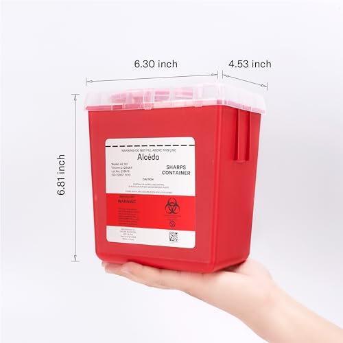Image of Alcedo 2 Quart Sharps Container (1-Pack) for Needle & Syringe Disposal | Small & Portable, Built-In Needle Removal Port, Clear Lid, Ideal for Home, Travel & Professional Use