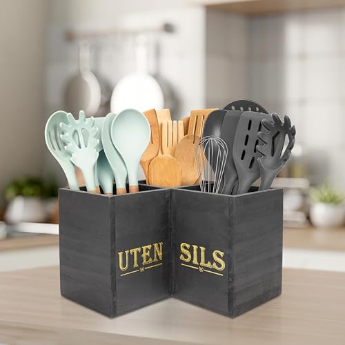 RedCall Kitchen Utensils Holder,Extra Large 3 Compartments Corner Utensil Caddy for Countertop,Wooden Farmhouse Utensil Organizer by RedCall - Used condition - Image 7